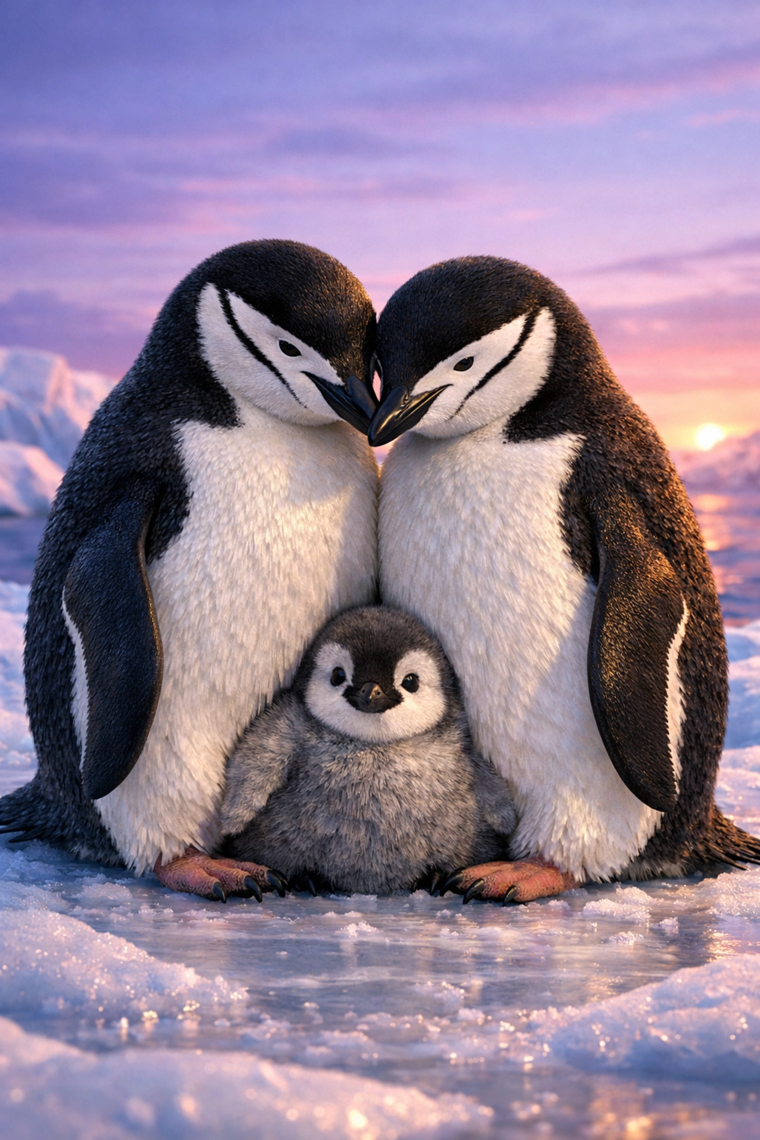 Two male penguins protectively co-parenting a chick on the ice, illustrating same-sex family bonds in the wild.
