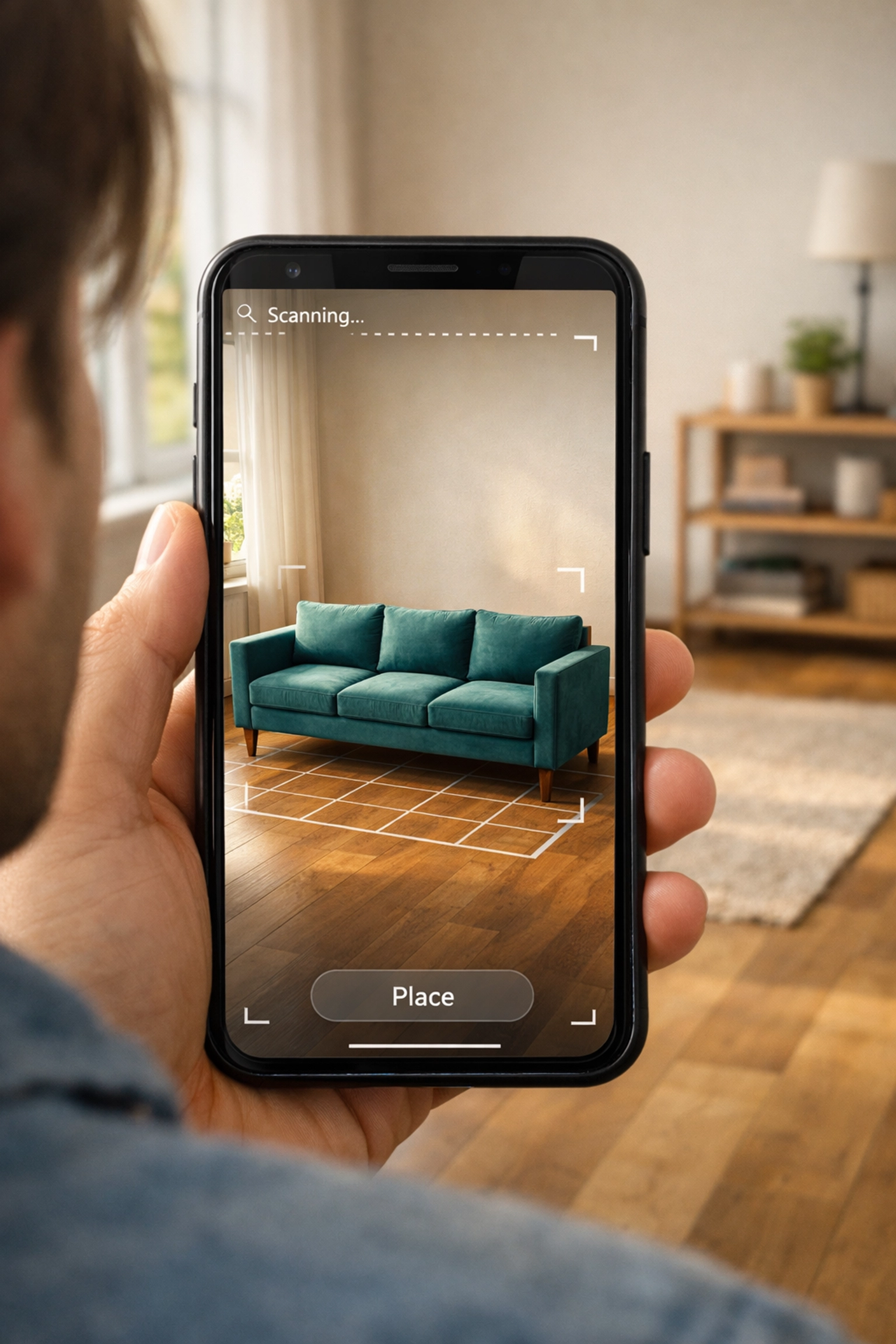 Smartphone displaying AR furniture preview for seamless crypto POS shopping experience