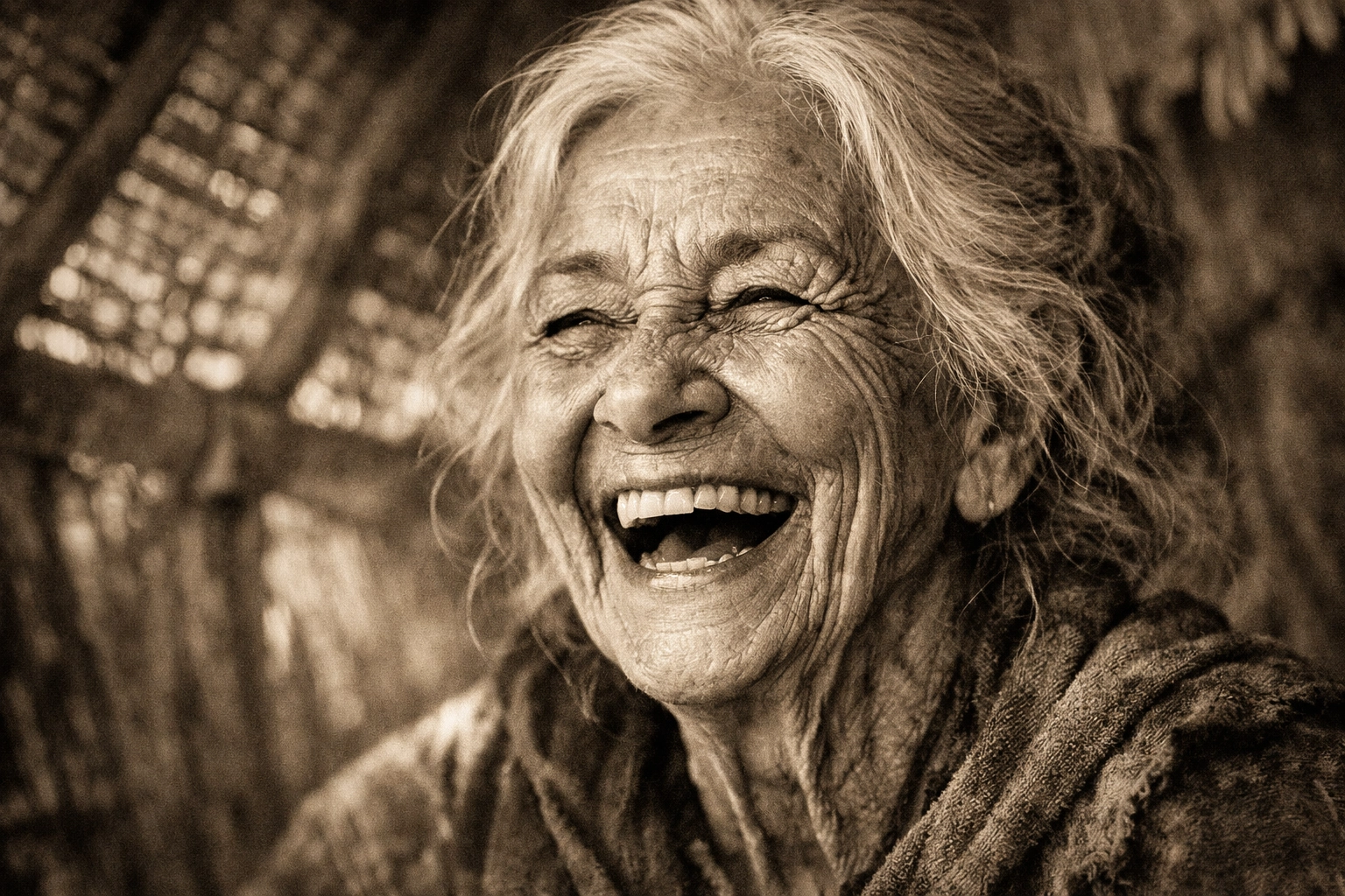 Radiant close-up of an elderly woman laughing, representing Sarah’s biblical joy.
