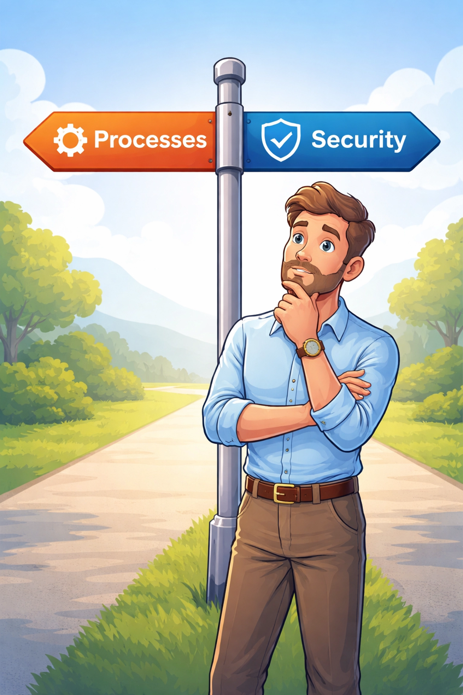 Illustration of a small business owner at a crossroads choosing between quality management and information security standards