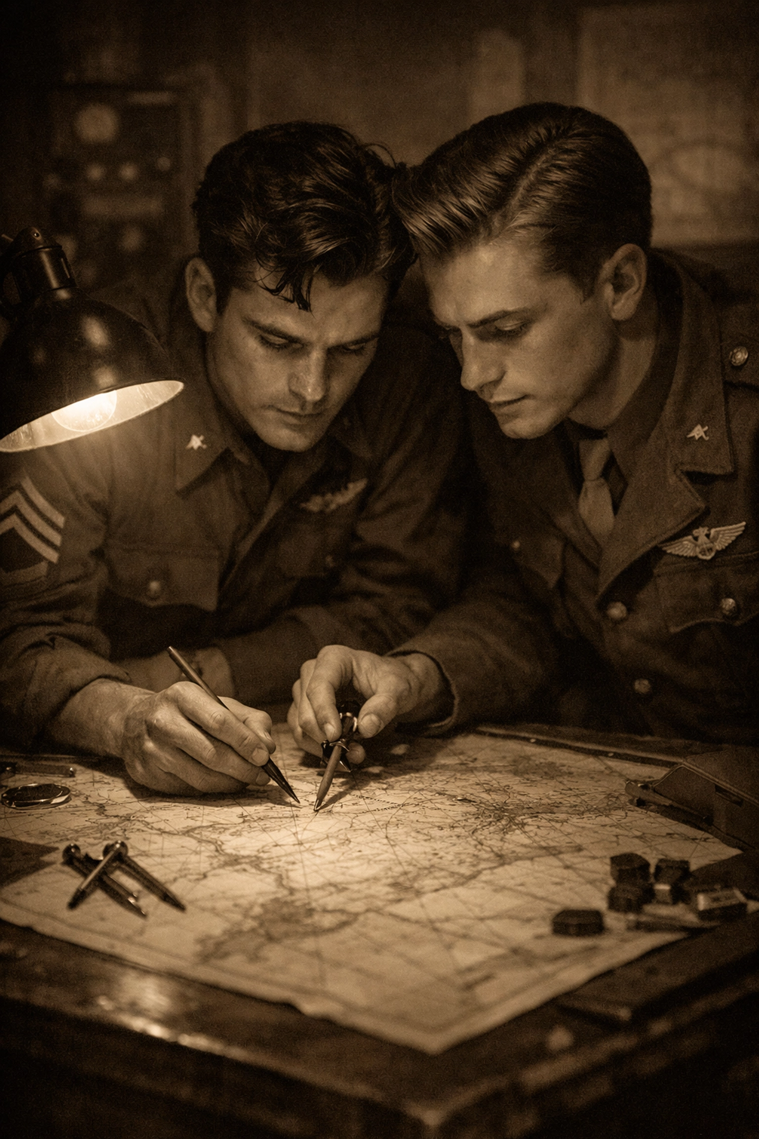 Two military cartographers working closely over maps in WWII war room - gay historical romance
