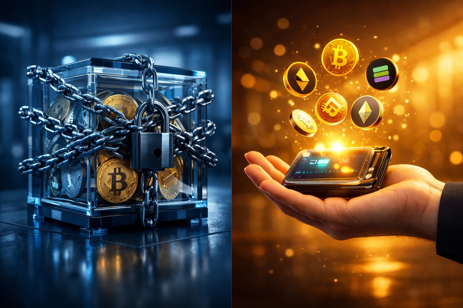 Self-custody crypto wallet vs custodial payment processor comparison showing merchant control