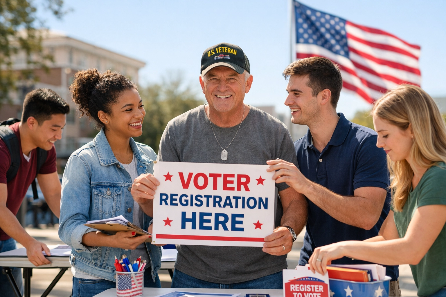 The Ultimate Guide to Civic Education: Everything You Need to Raise an Informed Citizen Students and a veteran collaborating on a community voter registration booth for civic engagement.