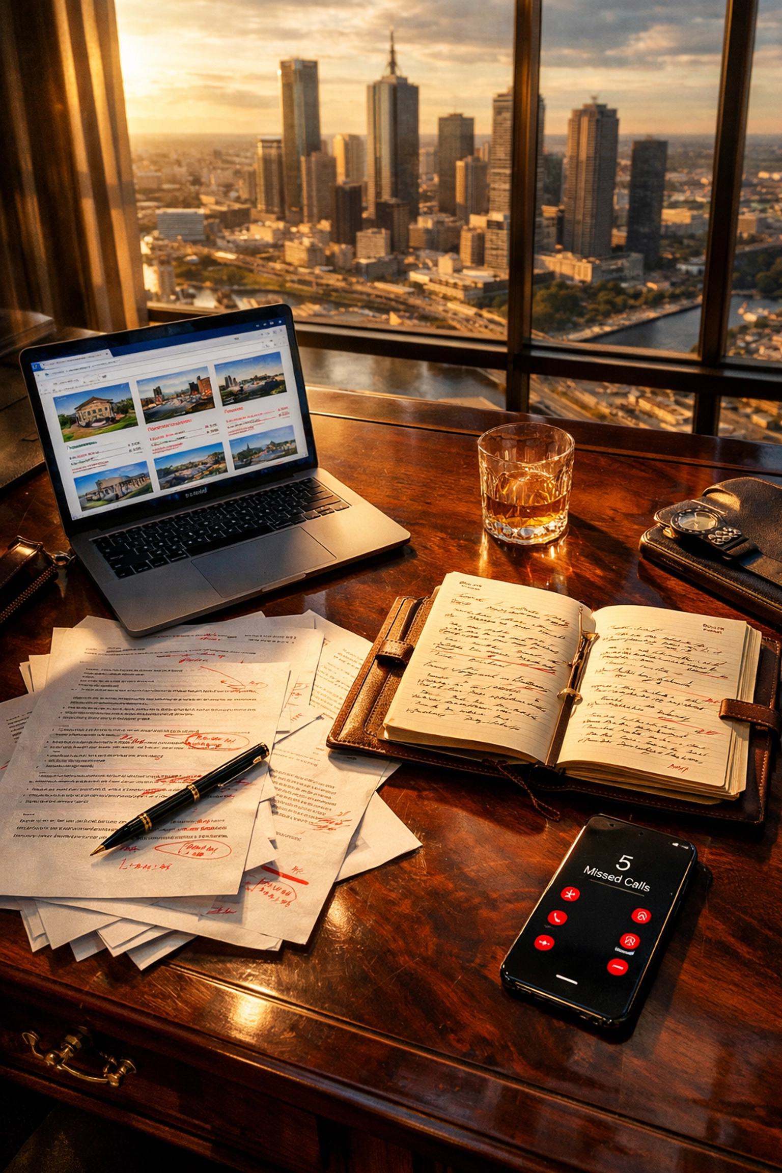 Executive desk with luxury property documents and Melbourne skyline showing time cost of buying alone