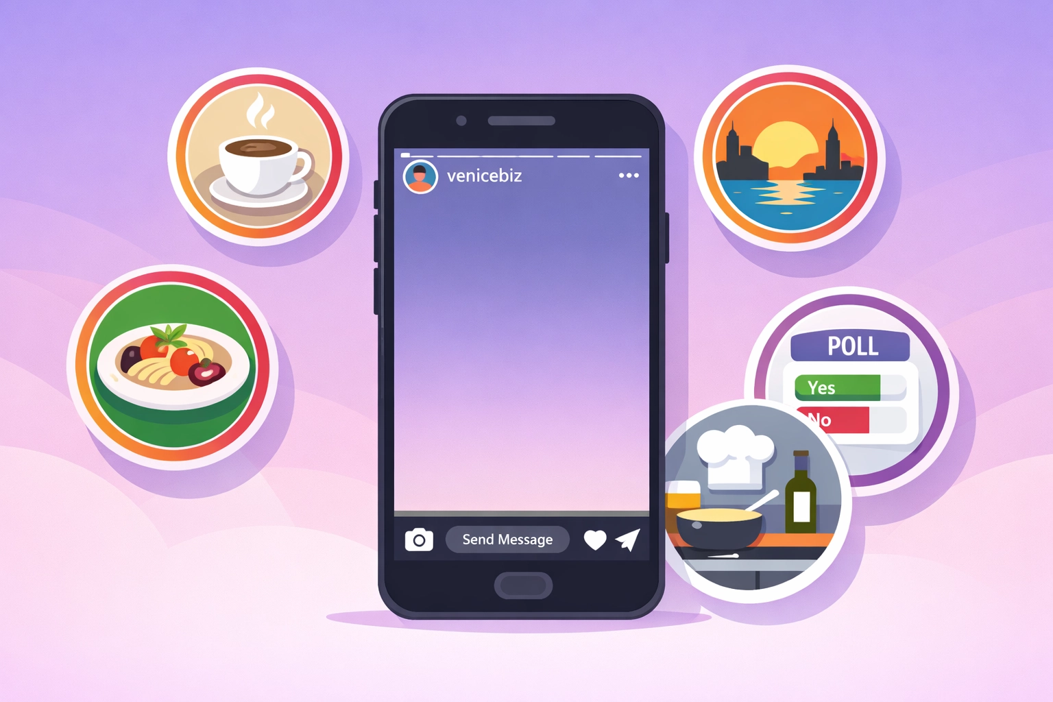 Instagram Stories interface showing Venice business content including food, events, and daily updates