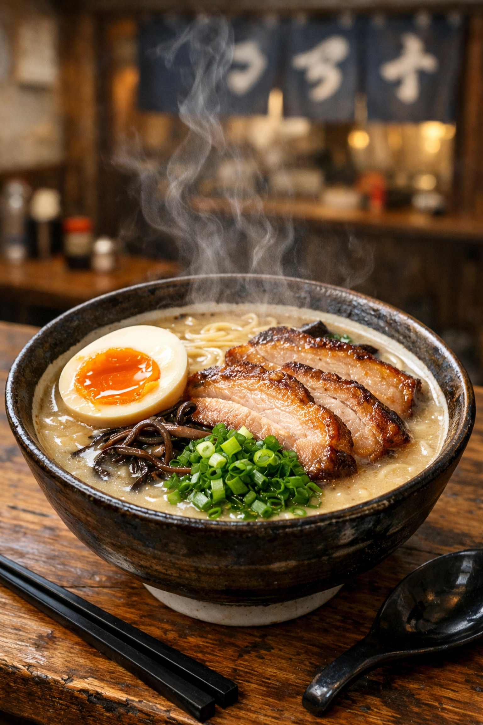 Authentic Tonkotsu ramen bowl with soft-boiled egg at a local Tokyo noodle shop.