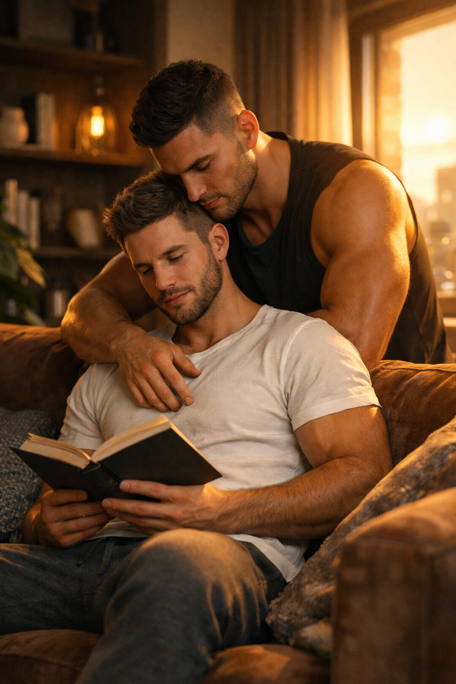 Two men sharing a romantic moment while reading MM romance books in a cozy apartment.