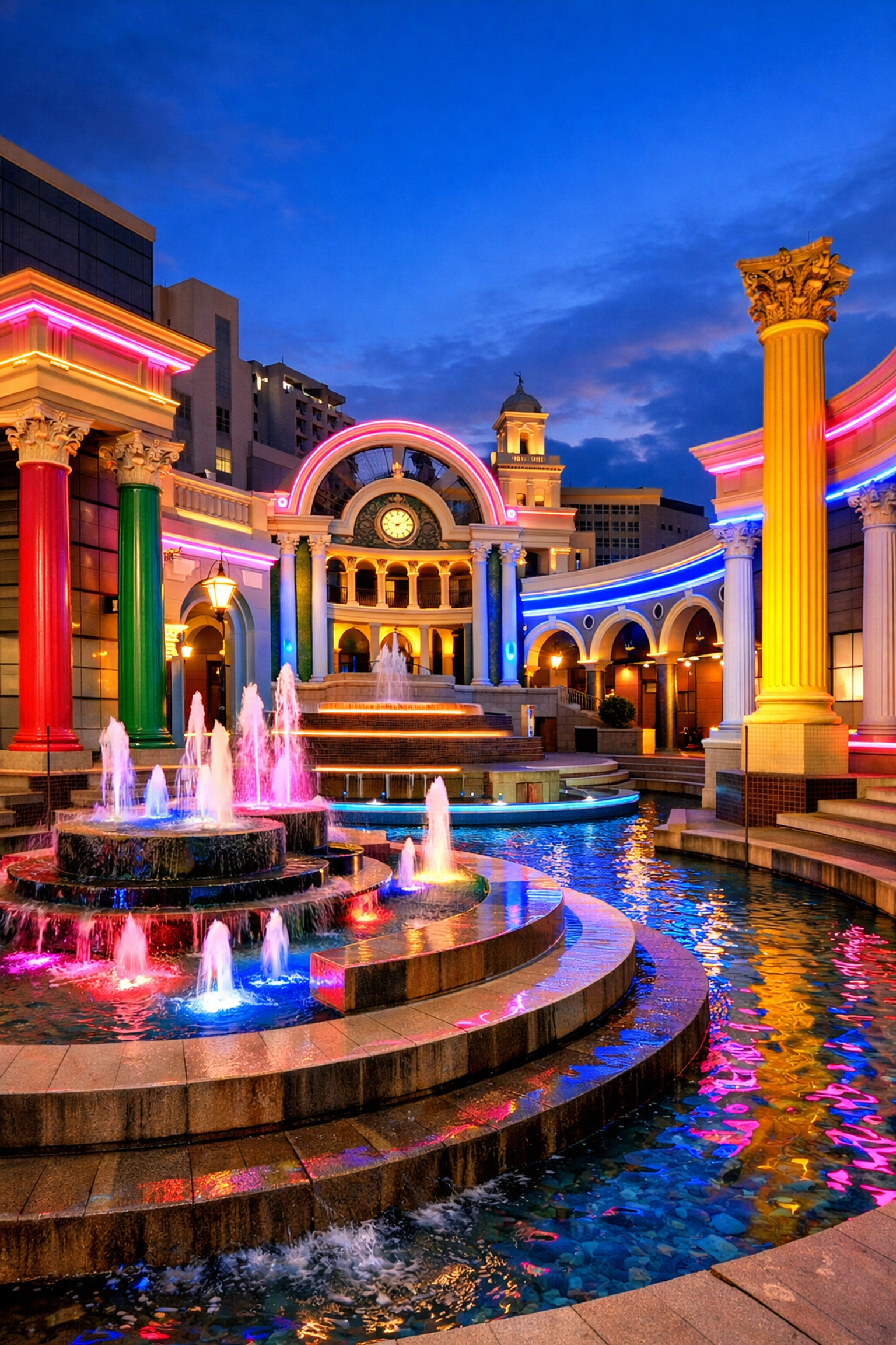 Charles Moore's Piazza d'Italia in New Orleans featuring colorful postmodern columns and fountains