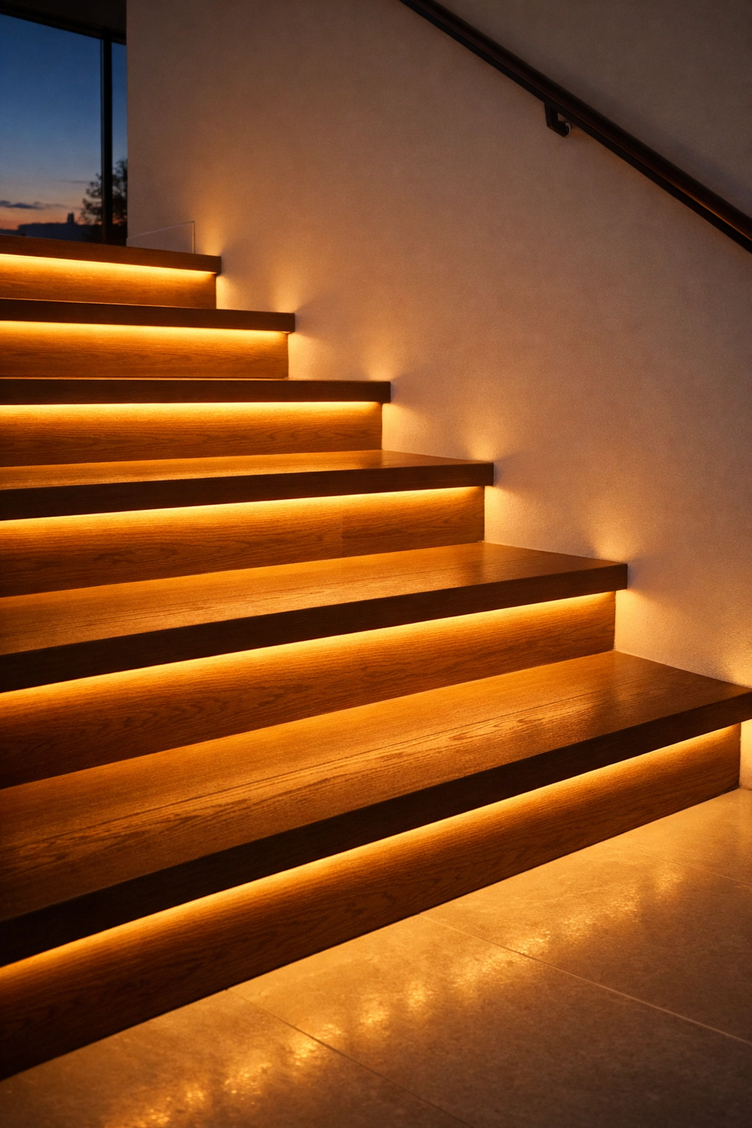 Staircase with integrated LED step lighting to provide clear visibility for safer navigation at night.