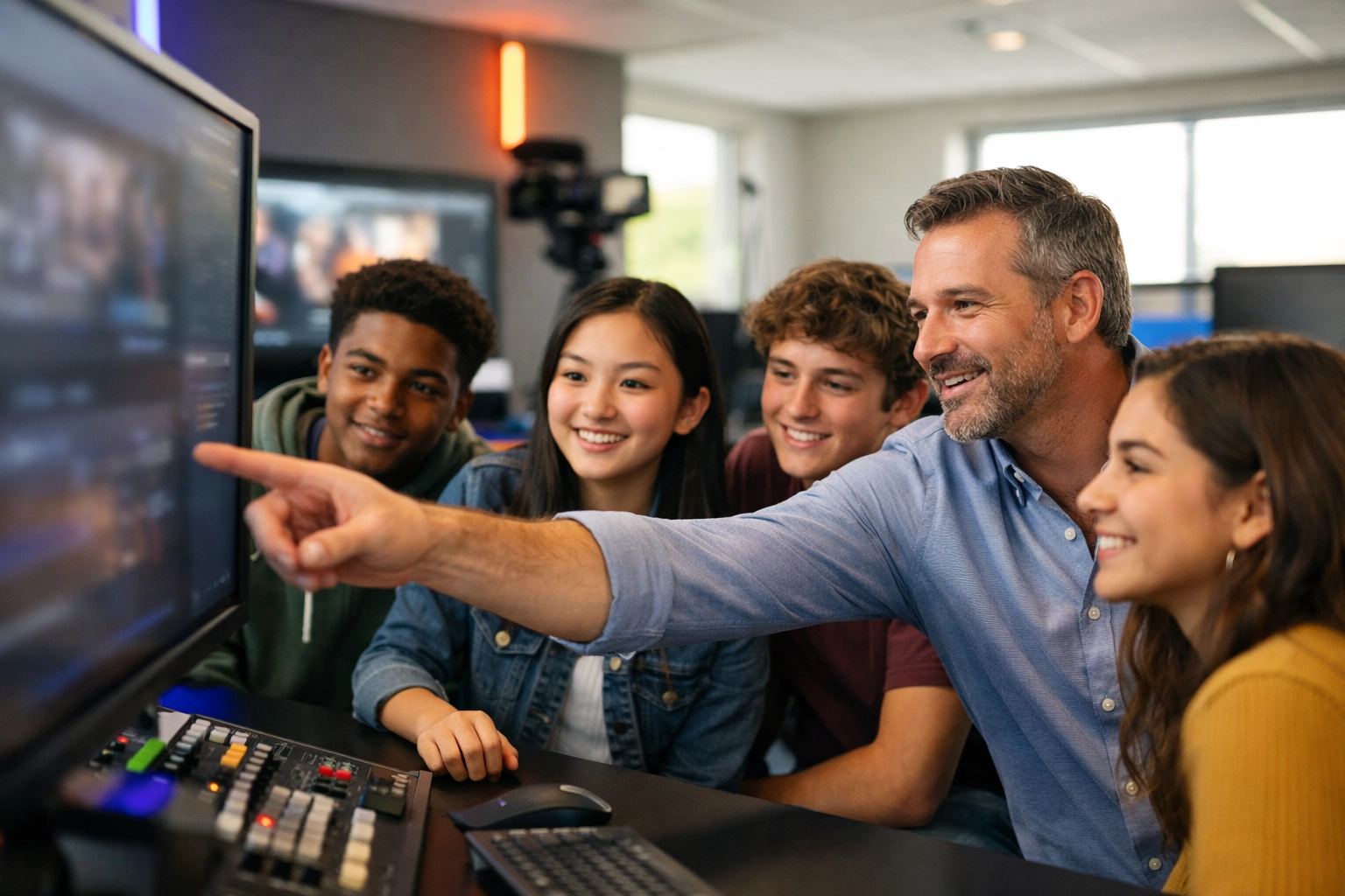 High school students collaborating with a mentor in a brand-sponsored high-tech media lab for educational growth.
