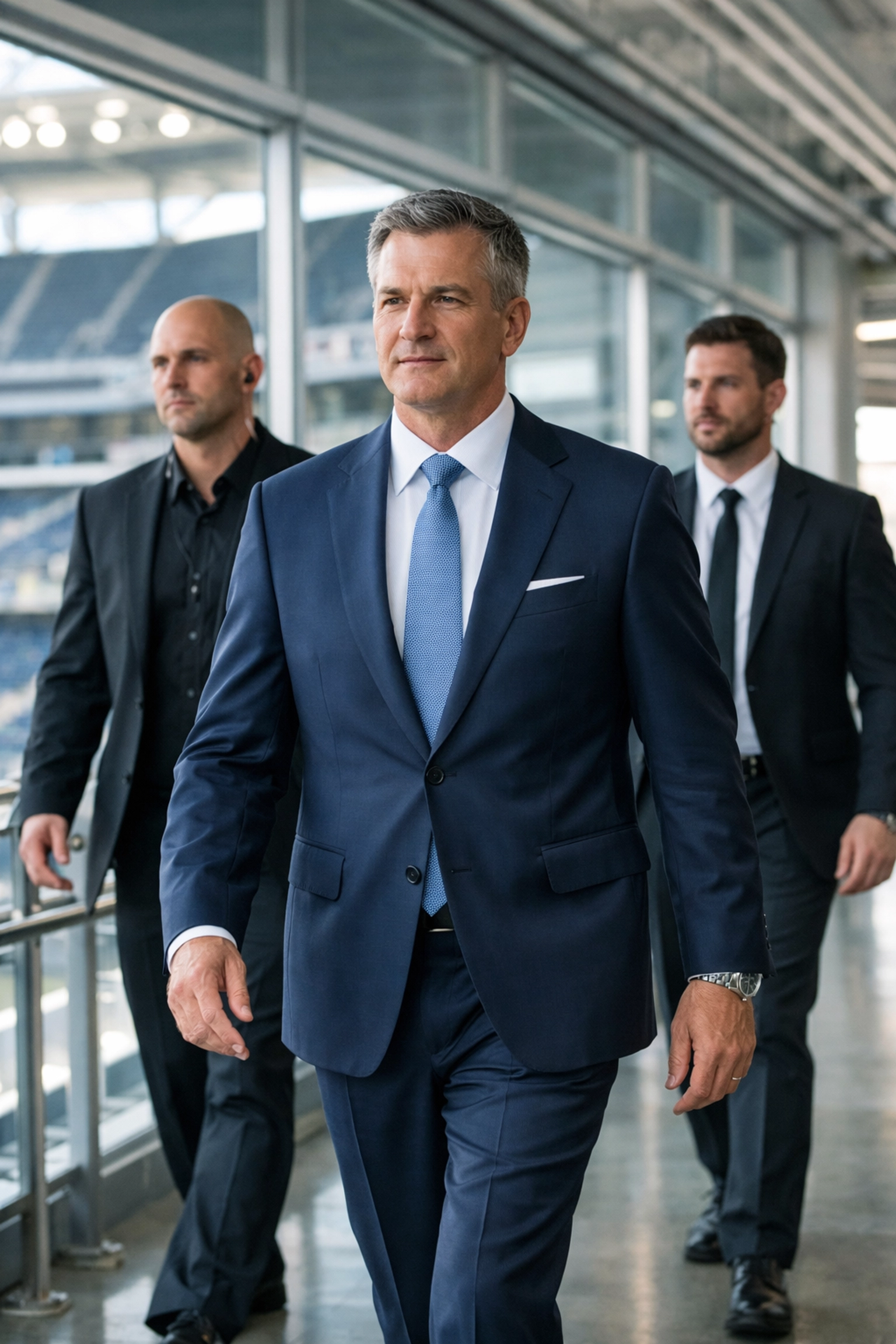 Discreet VIP security detail escorting an executive through a modern corporate event venue.