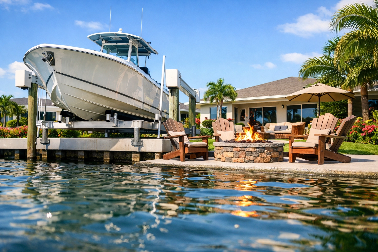 Pristine backyard and boat lift highlighting waterfront curb appeal for SWFL waterfront homes for sale.