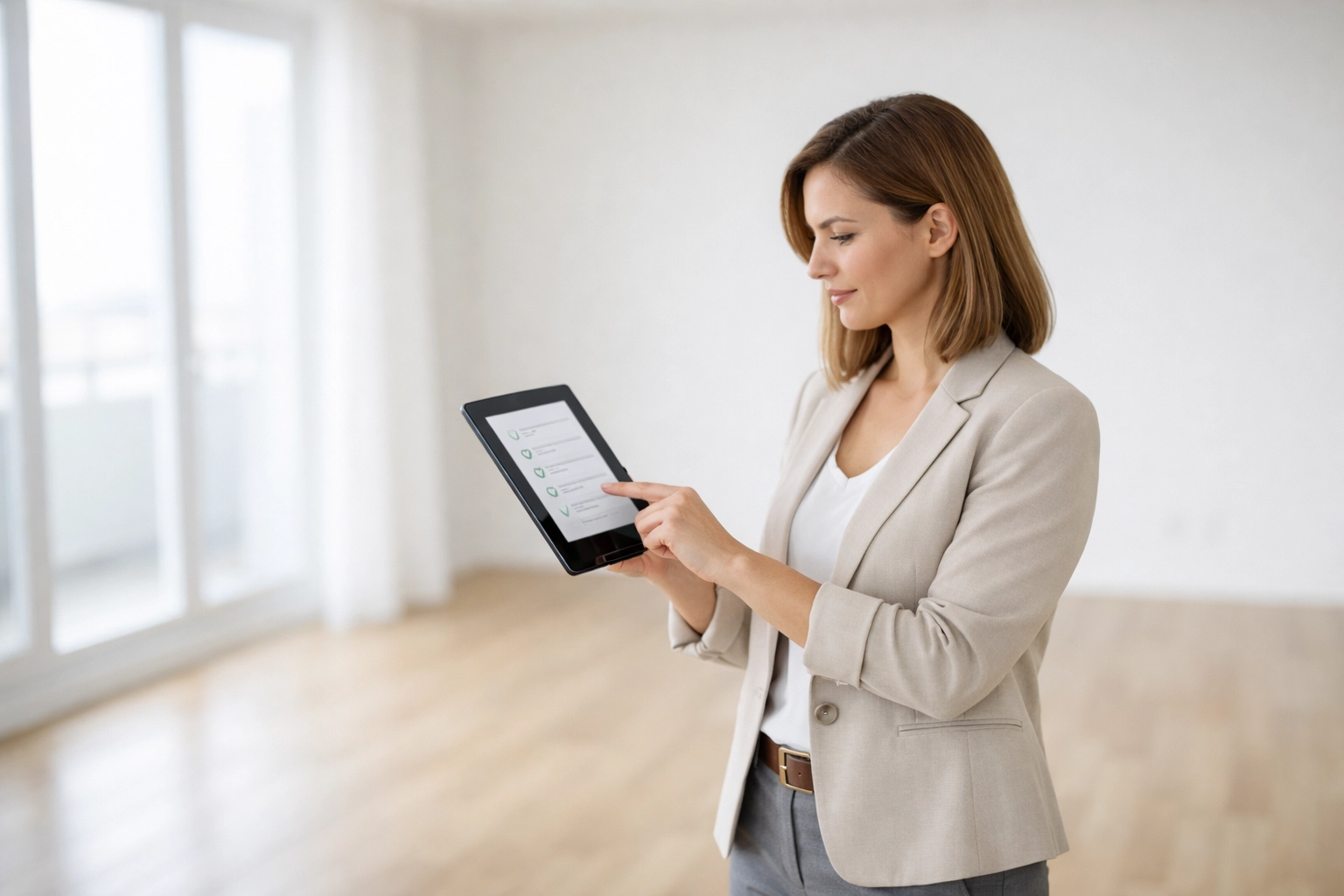 Property manager reviewing digital checklist in vacant apartment unit during turnover inspection