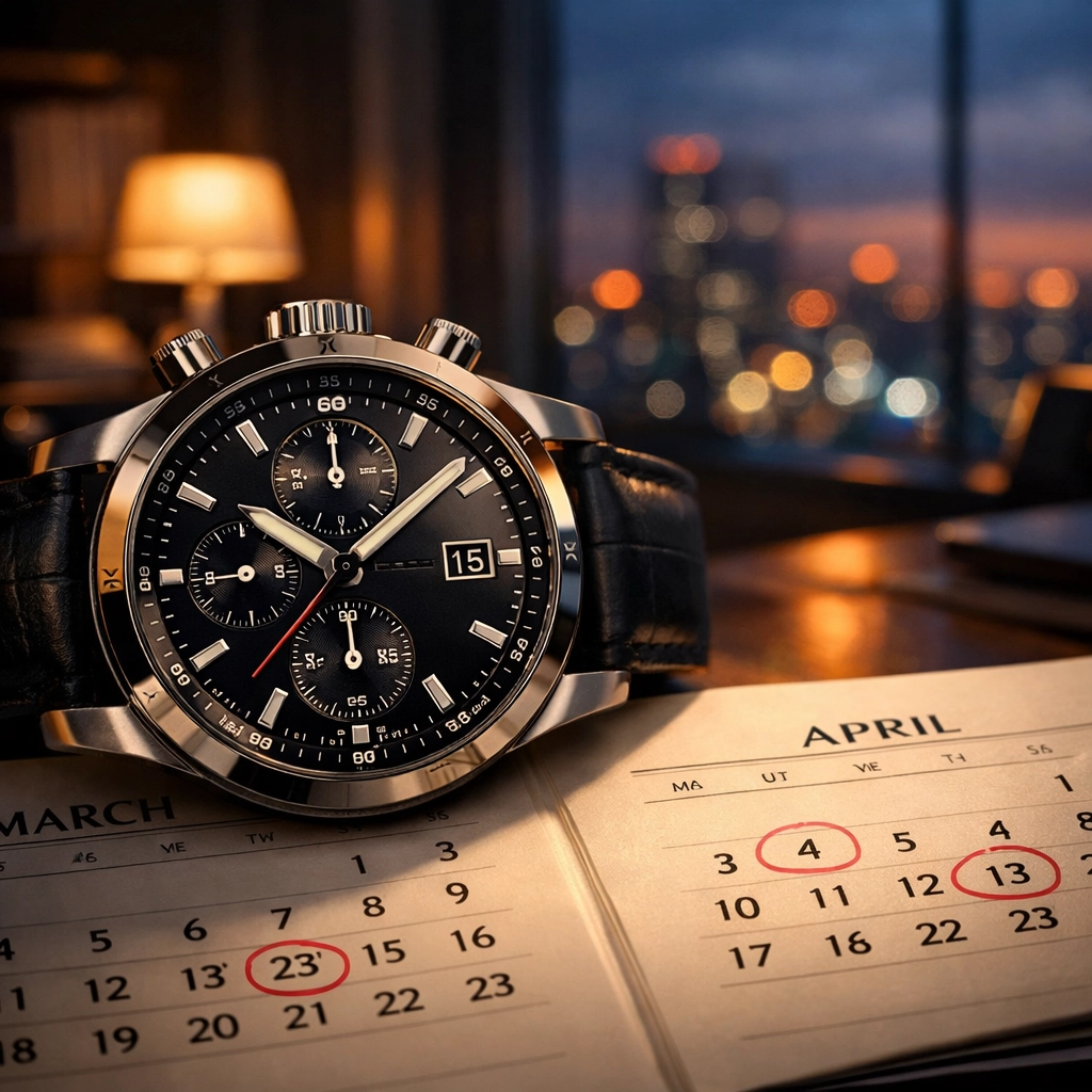 Close-up of a wristwatch and calendar emphasizing important tax filing deadlines.