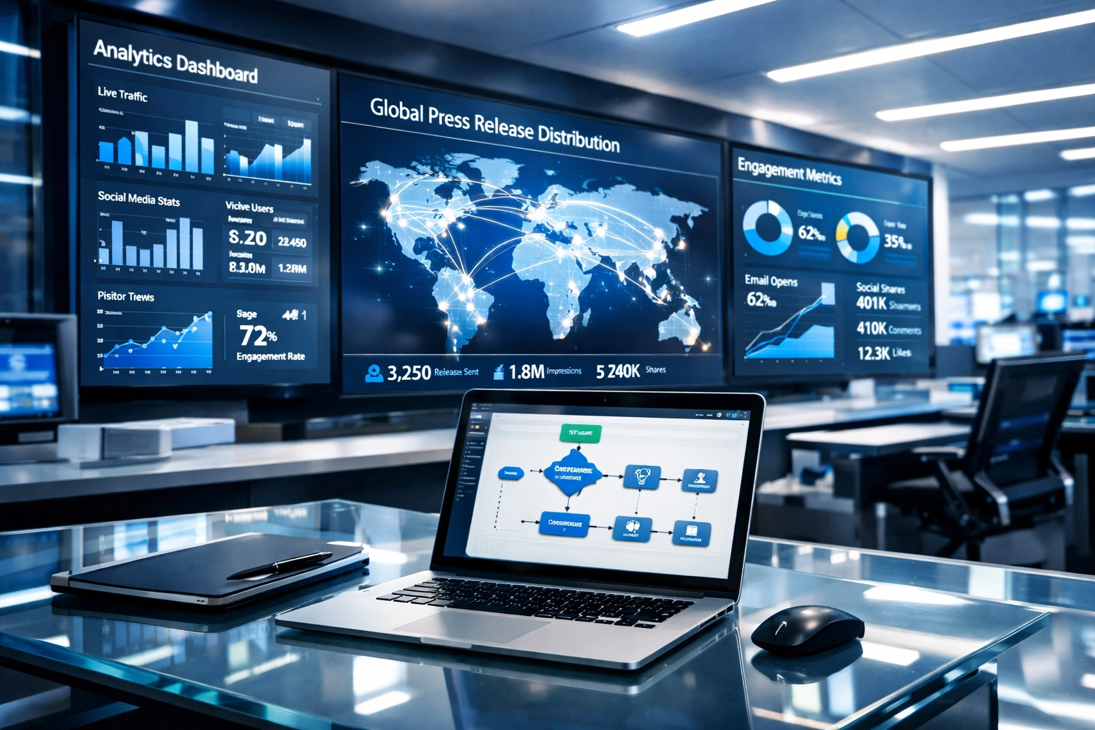 Automated press release distribution command center showing real-time analytics and media reach tracking