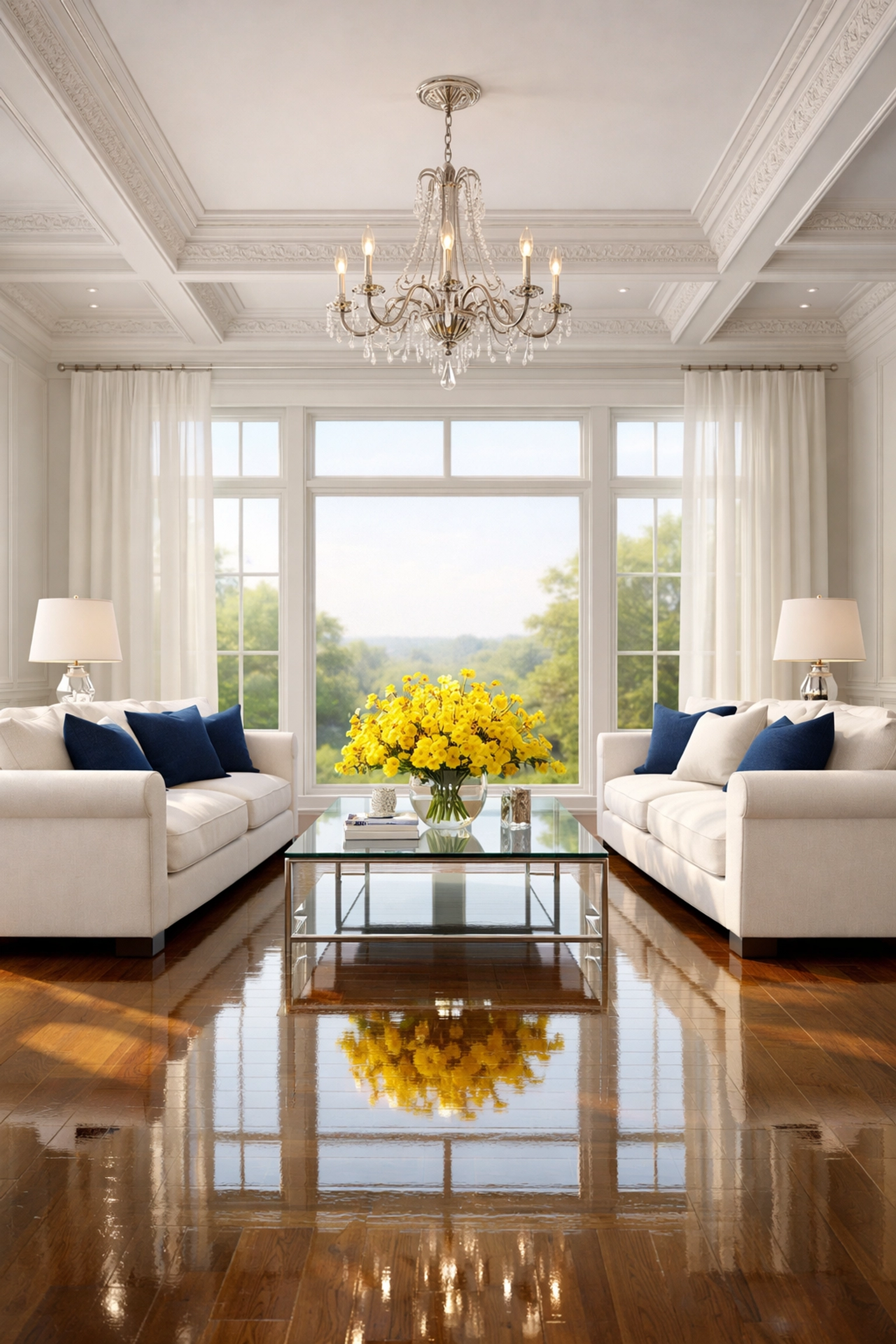 Sun-drenched luxury living room in Dover following expert residential cleaning Massachusetts services.