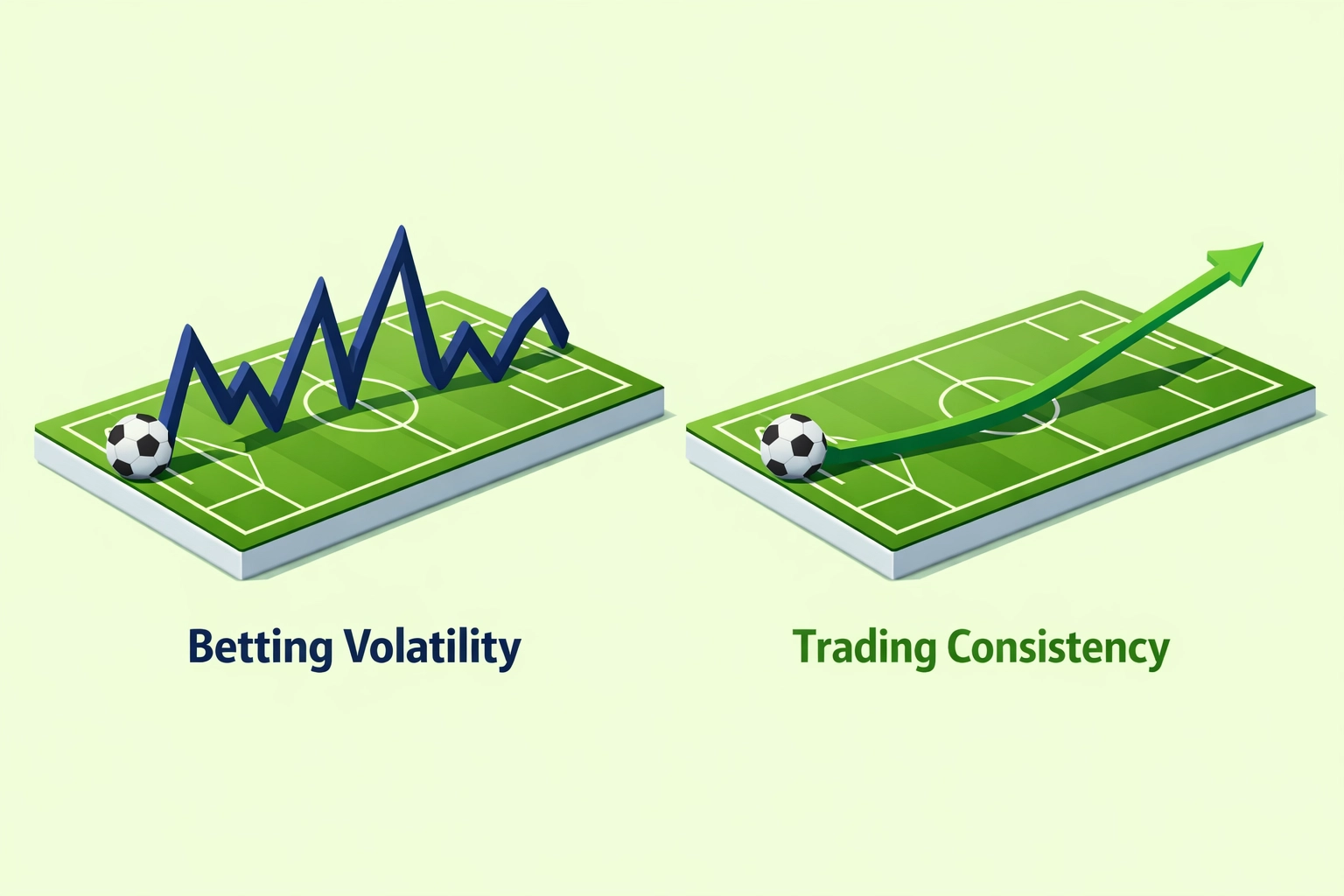 Graph showing the difference between risky football betting swings and consistent trading bankroll growth.