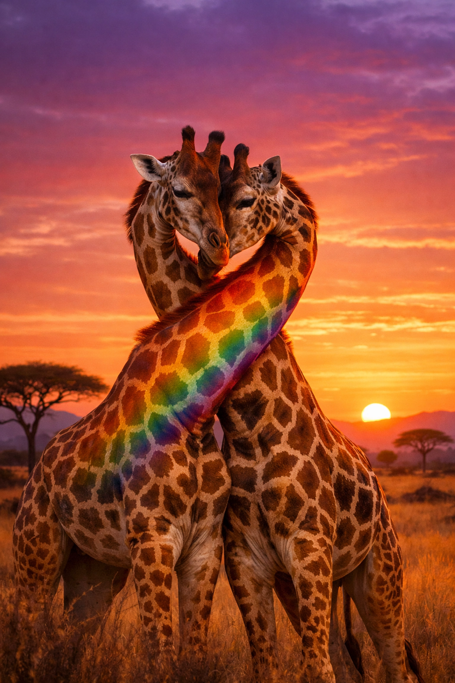 Two male giraffes exhibiting necking behavior as a social bond on the African savanna at sunset.