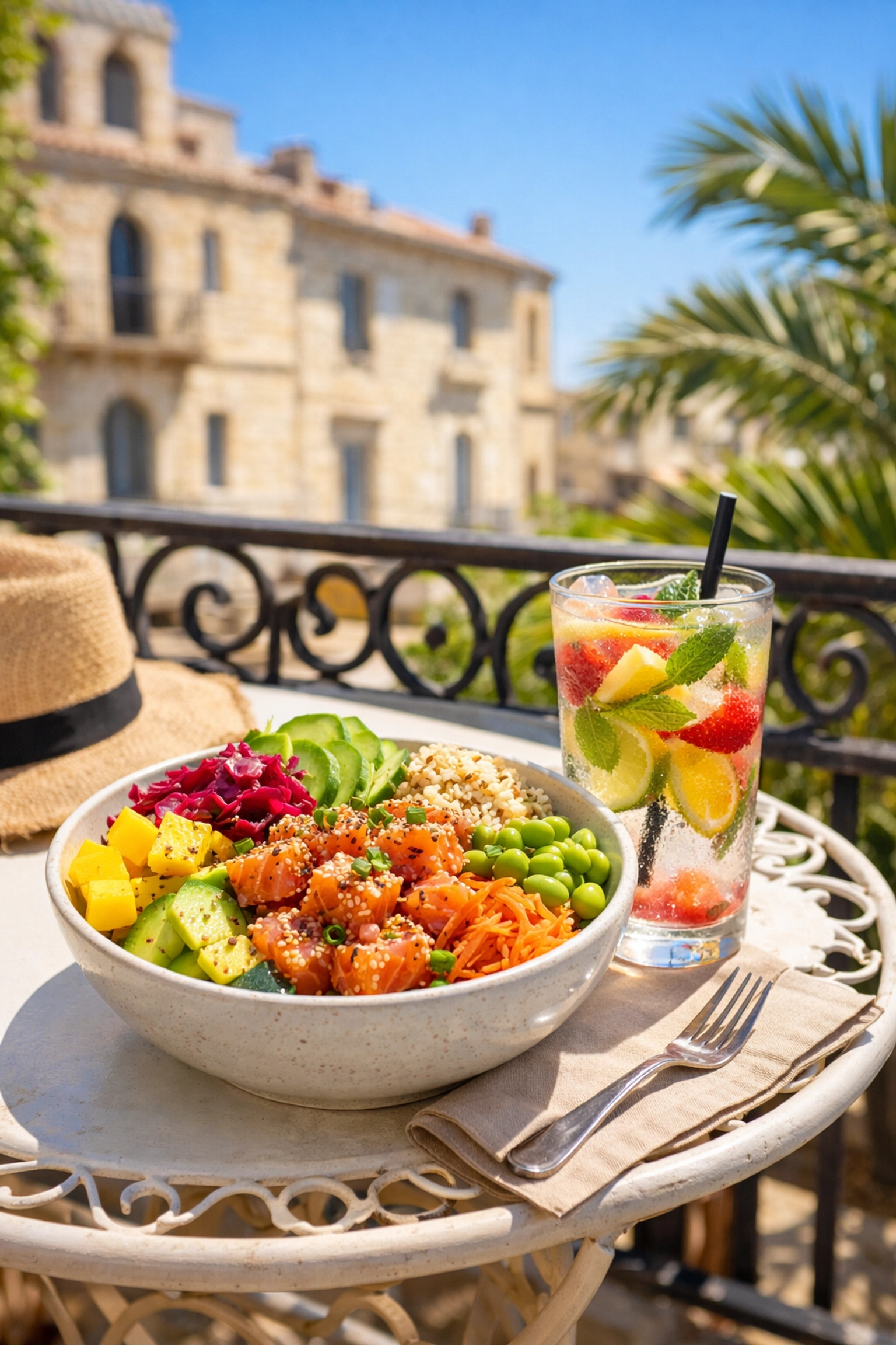 Pause déjeuner healthy avec un poke bowl en terrasse au centre-ville de Montpellier.