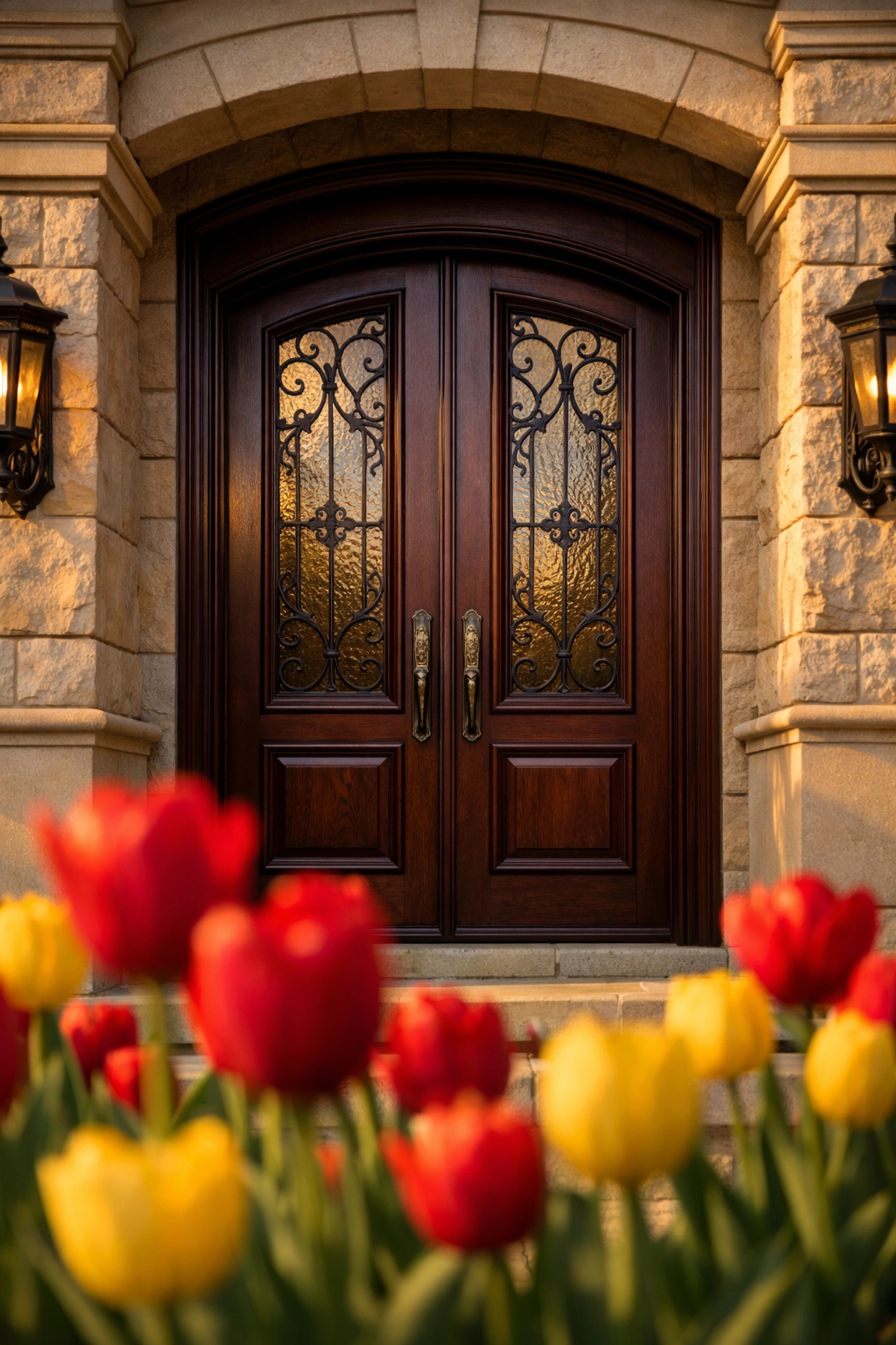 Luxury Northville home entrance with custom mahogany door representing high-end property values.