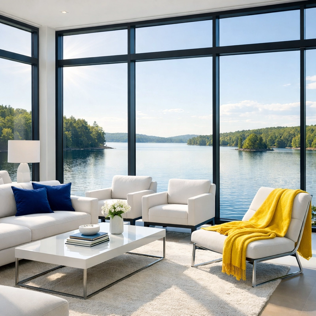 Clean Winchendon home living room overlooking Lake Monomonac after weekly house cleaning services.
