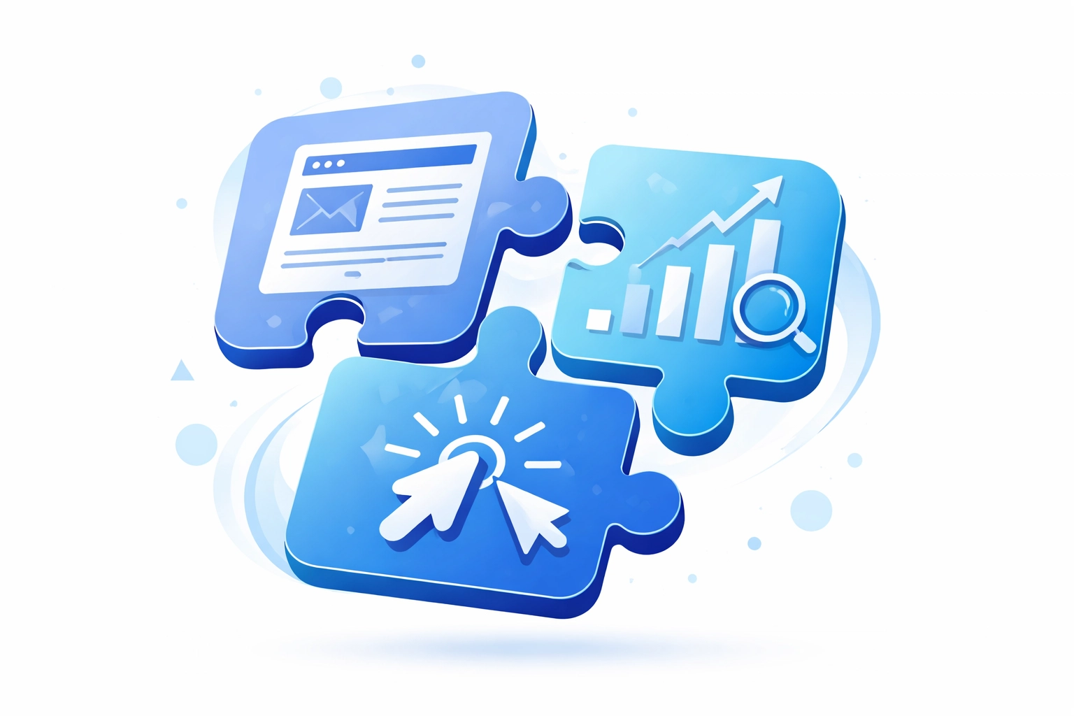 Puzzle pieces representing web design, SEO, and ads highlight cohesive digital marketing strategy