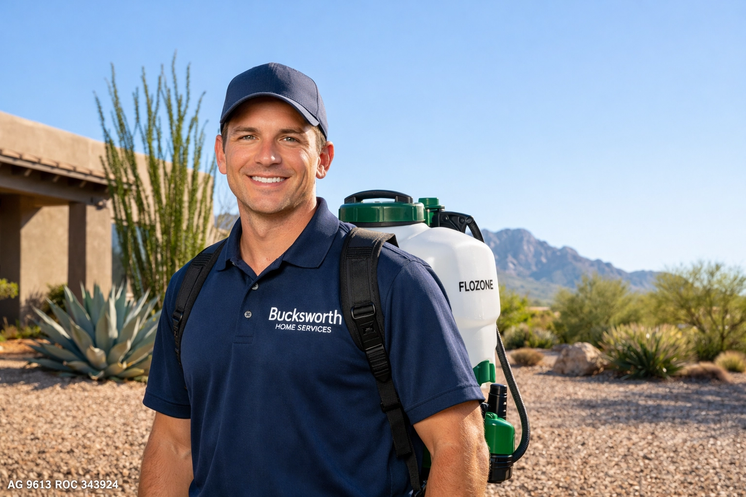 Bucksworth Home Services technician providing expert pest control in Oro Valley AZ with a Flozone backpack.