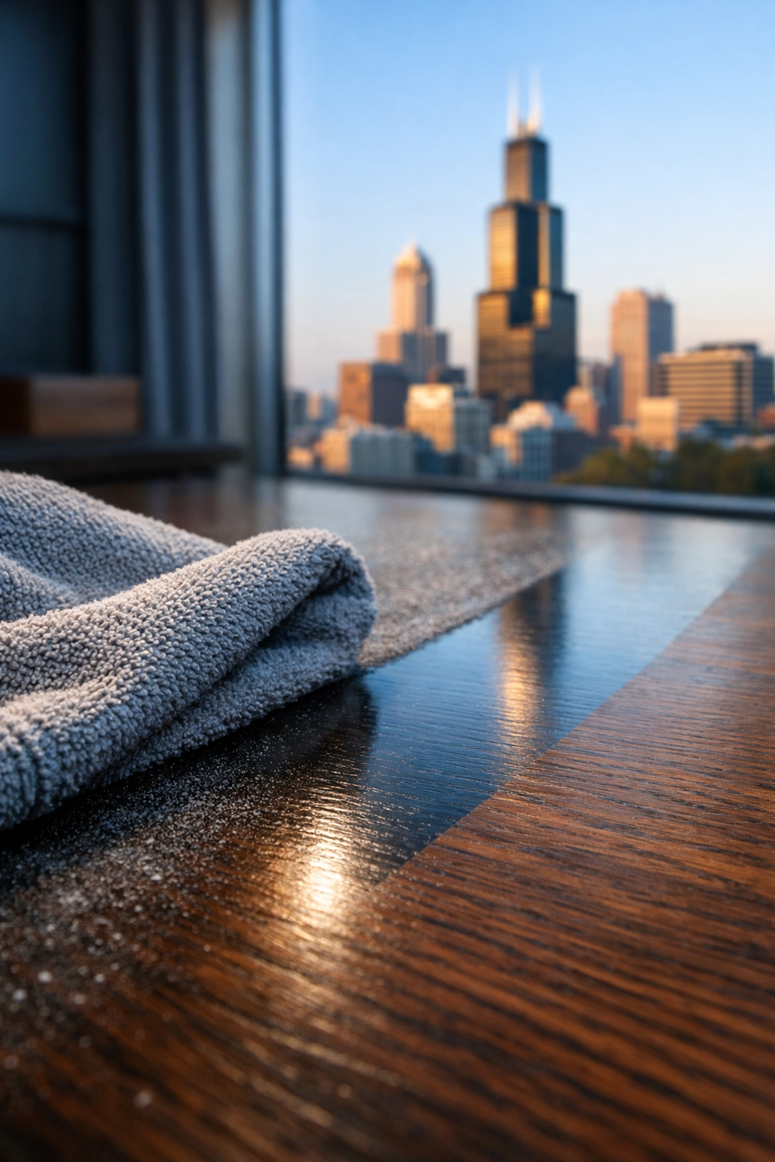 A microfiber cloth wiping a dusty office desk in Chicago, showing a clean streak and professional maintenance.