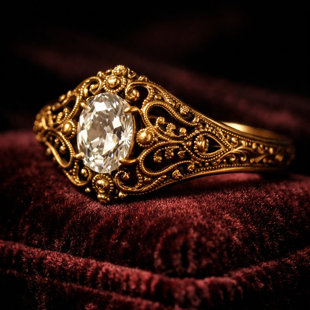 Detailed Victorian gold filigree ring on maroon velvet representing fine estate jewelry in Knoxville TN.