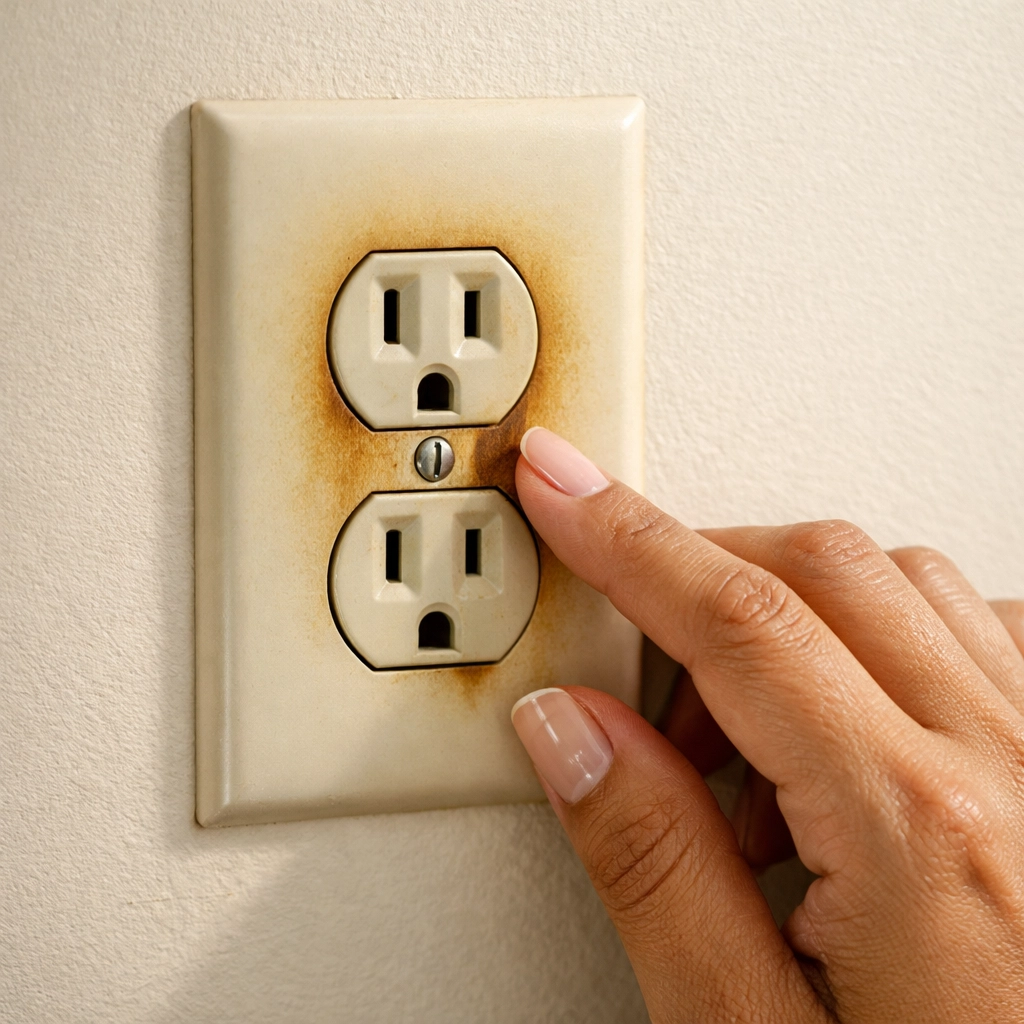 Homeowner checking discolored outlet cover, a common warning sign of aluminum wiring problems