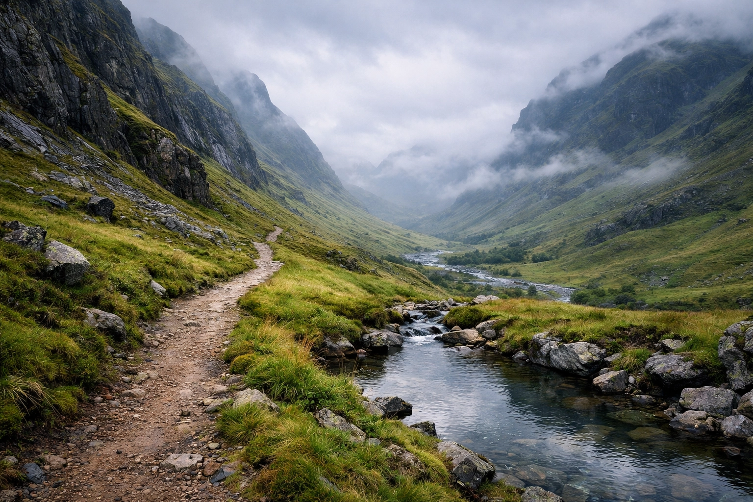 A winding hiking trail through the misty Glencoe valley in the rugged Scottish Highlands.