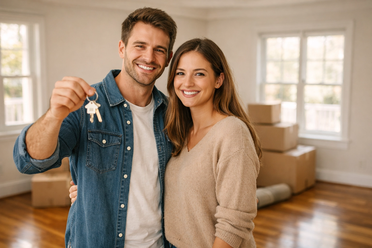 Happy homebuyers holding keys in their new Chattanooga home