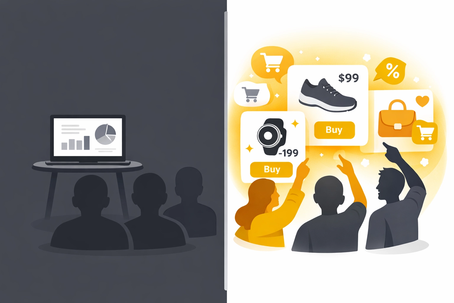 Comparison of traditional webinar presentation versus interactive live shopping platform interface