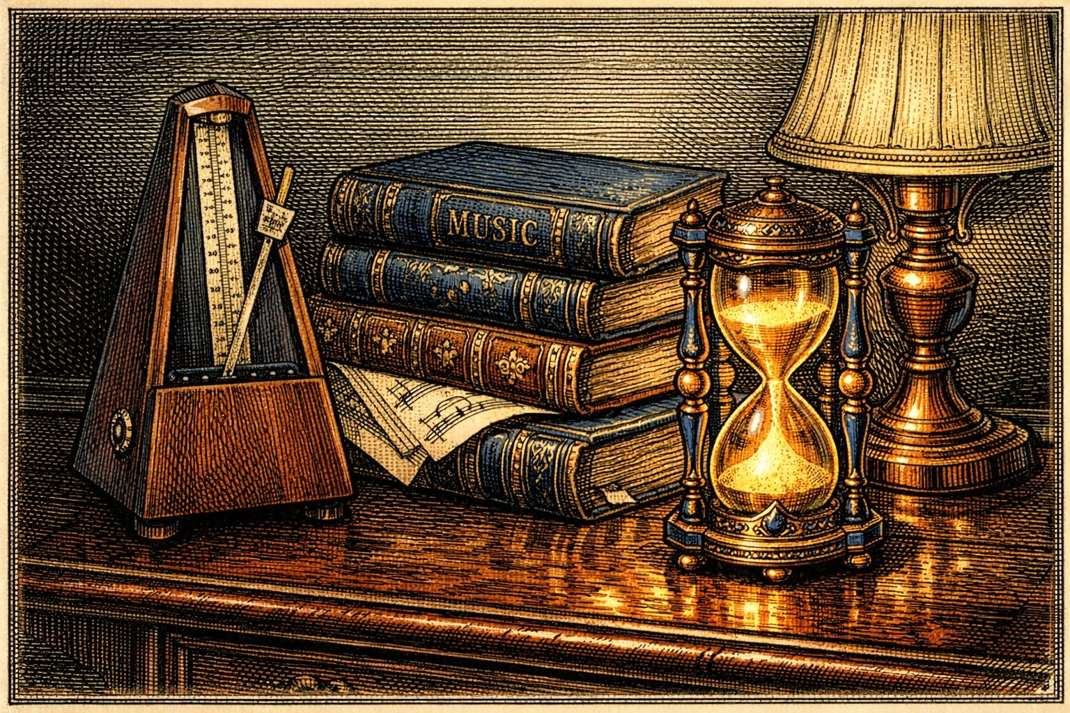 Hand-colored engraving of a metronome and music books for focused online piano lessons.