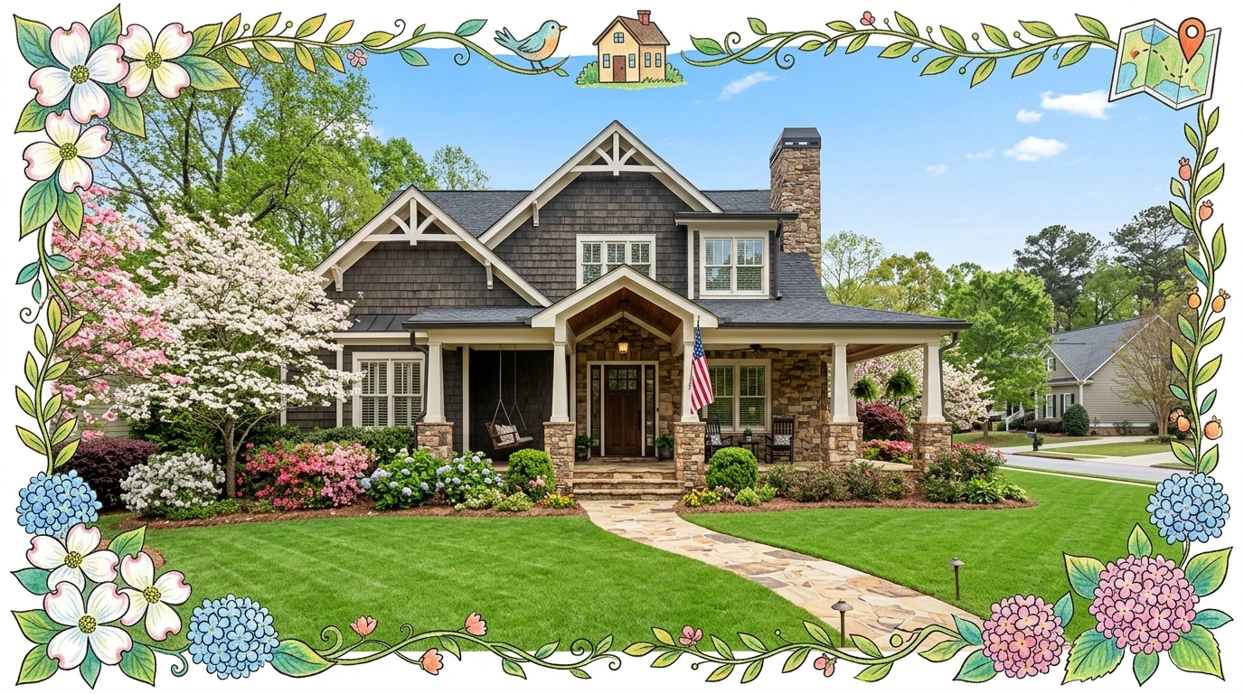 A traditional craftsman-style home in Kennesaw with a manicured lawn and hand-drawn frame accents