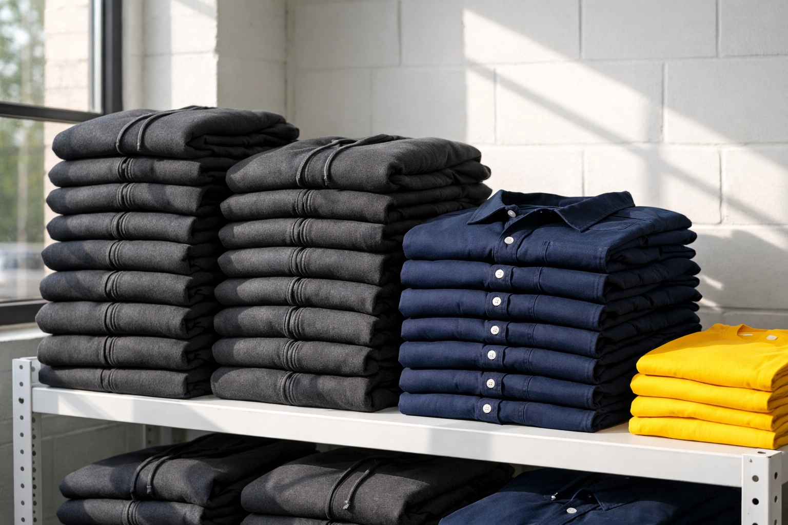 Stacks of custom printed hoodies and work shirts at a local screen printing shop for fast turnaround.