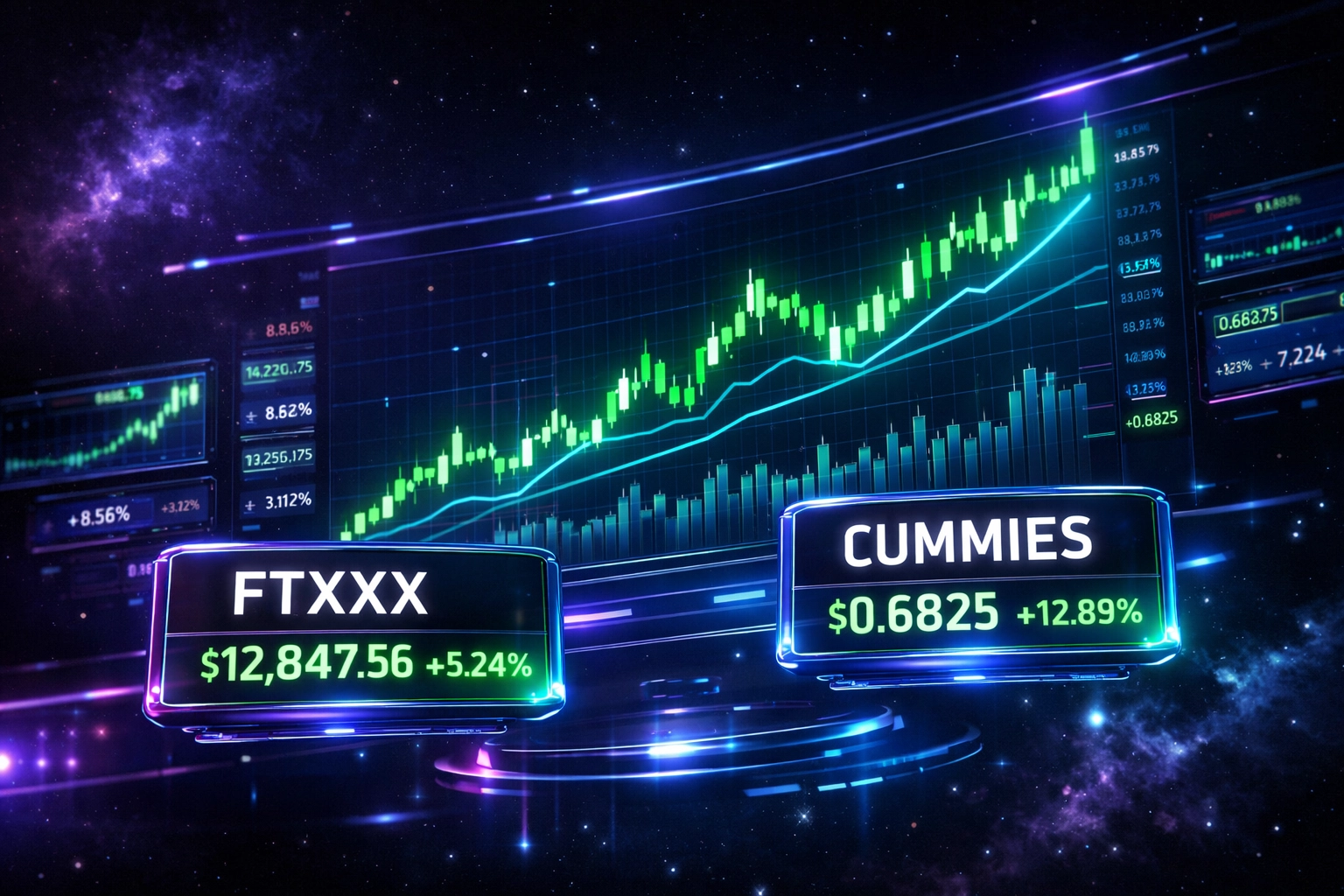 Real-time crypto price dashboard showing live FTXXX and CUMMIES token charts on RaincityEX