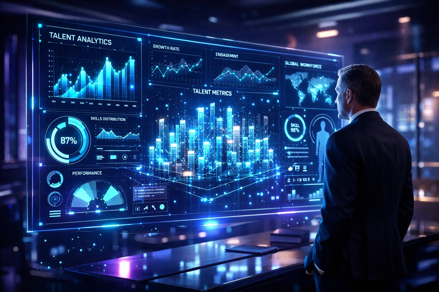 Corporate executive analyzing student talent funnel data and competency metrics via a high-tech digital dashboard.
