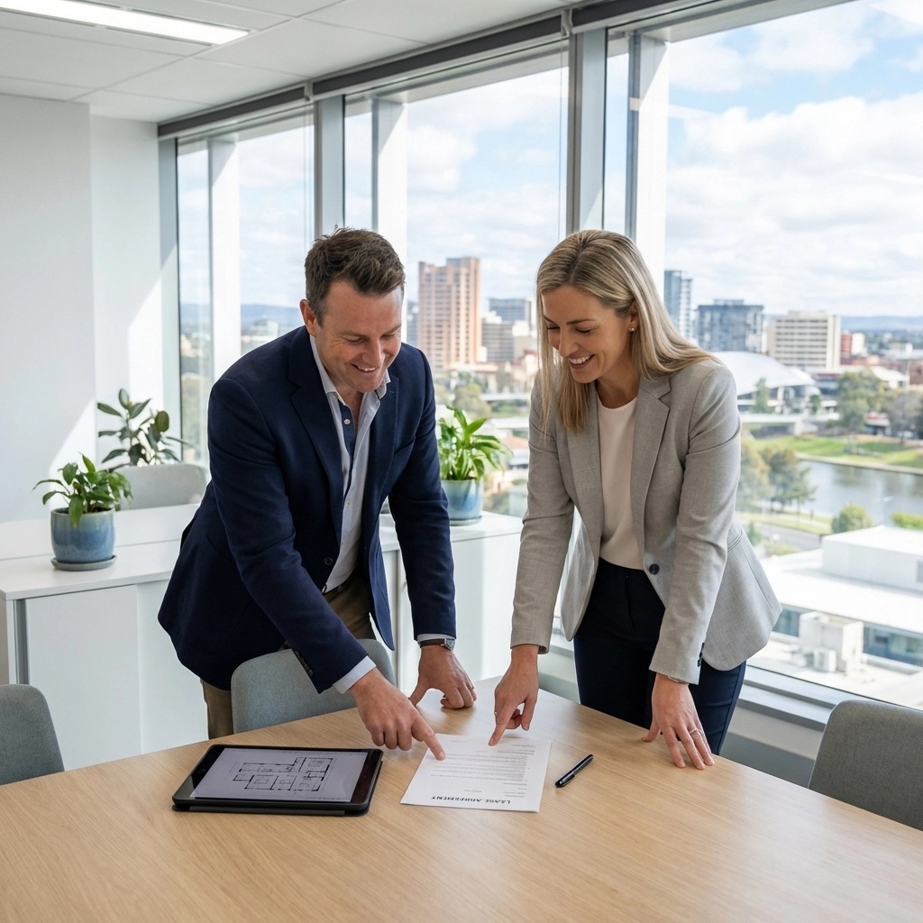 Two professionals discussing a commercial lease agreement in a modern Adelaide office, highlighting negotiation points for make-good clauses.