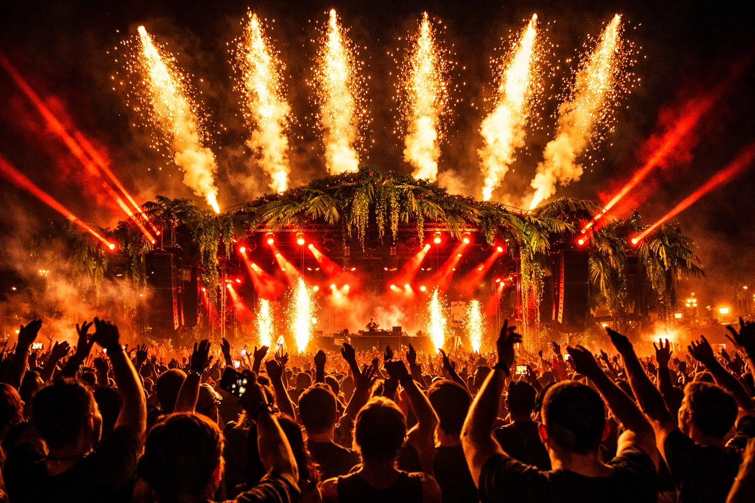 A high-energy music festival stage illuminated in red, gold, and green with a crowd of fans.