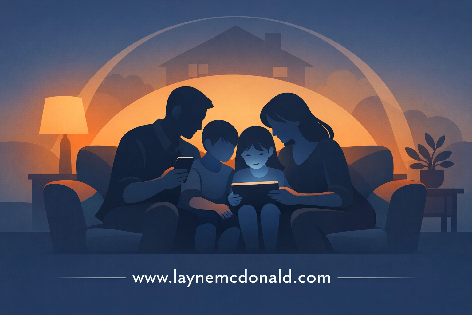 Christian family with children using devices together in protected home environment