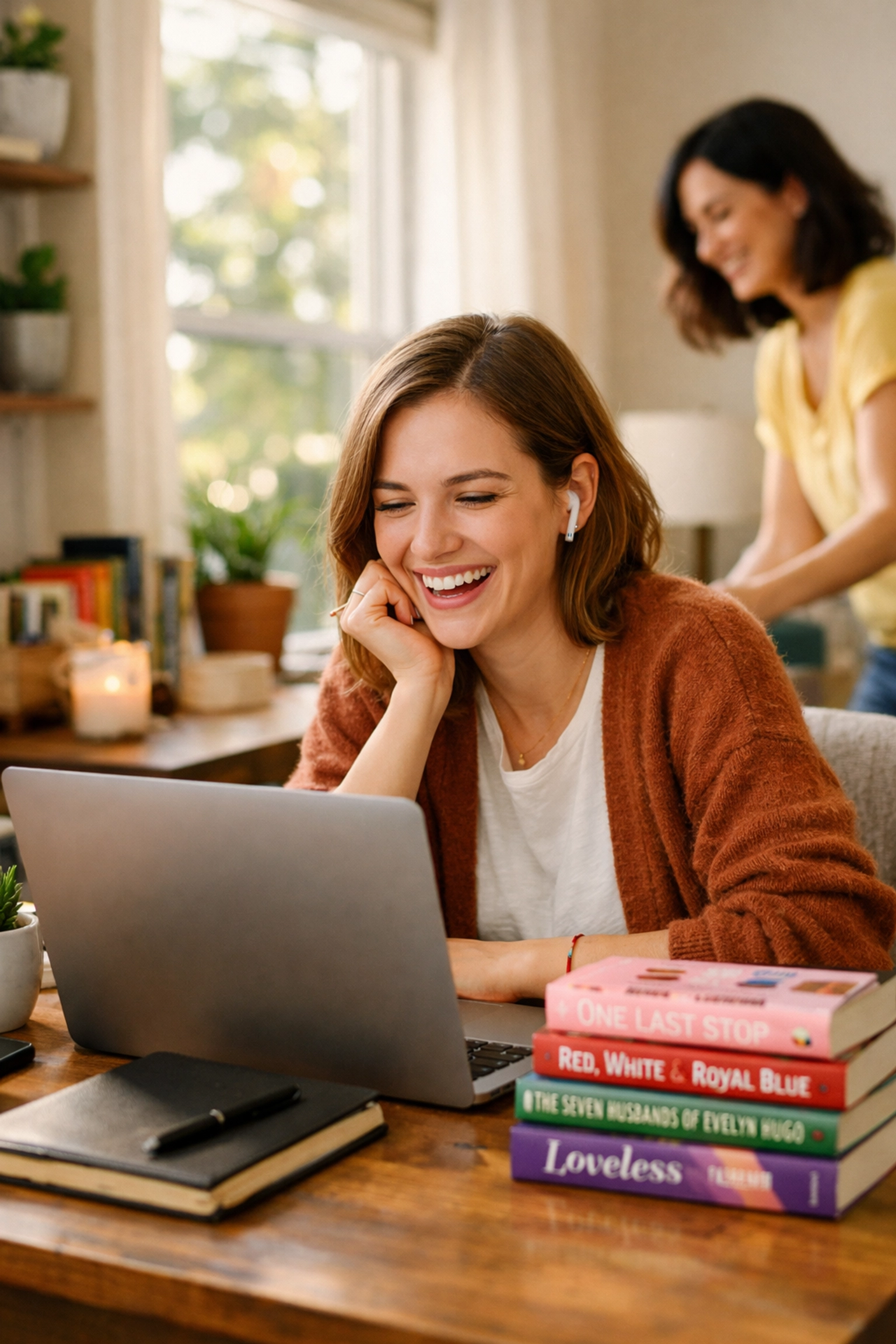 A lesbian professional working from home with her partner and a stack of popular gay romance novels.