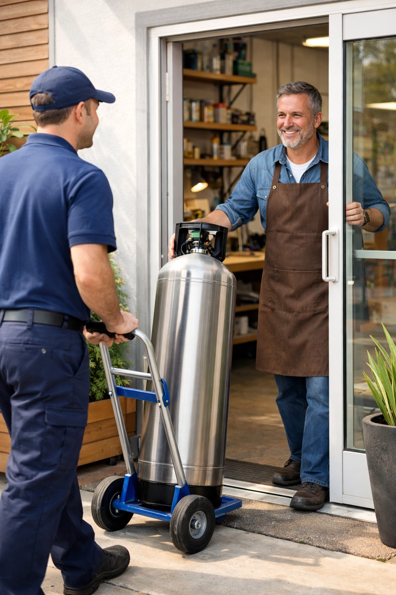 Delivery driver providing nationwide delivery of a refillable gas cylinder to a local workshop.