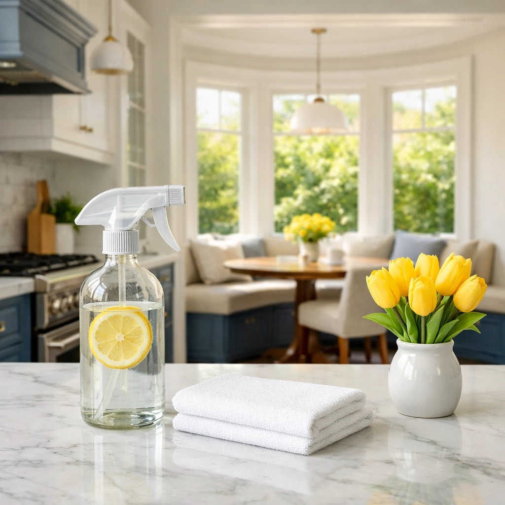 Eco-friendly luxury cleaning in Groton featuring a spotless kitchen with marble countertops and green supplies.
