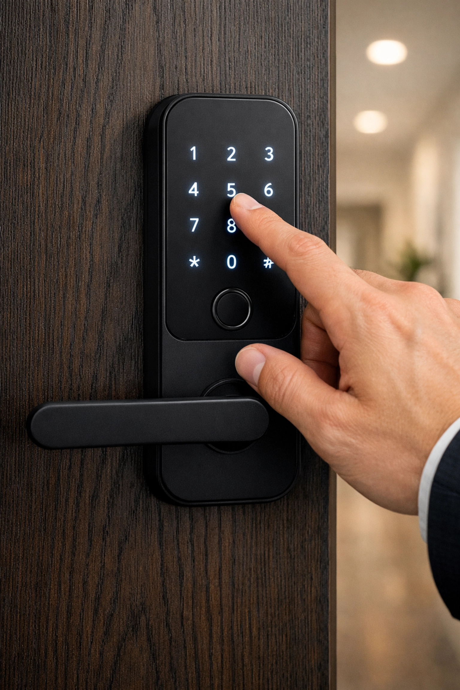 Secure private bedroom entry with a modern digital smart lock in a managed professional co-living home.