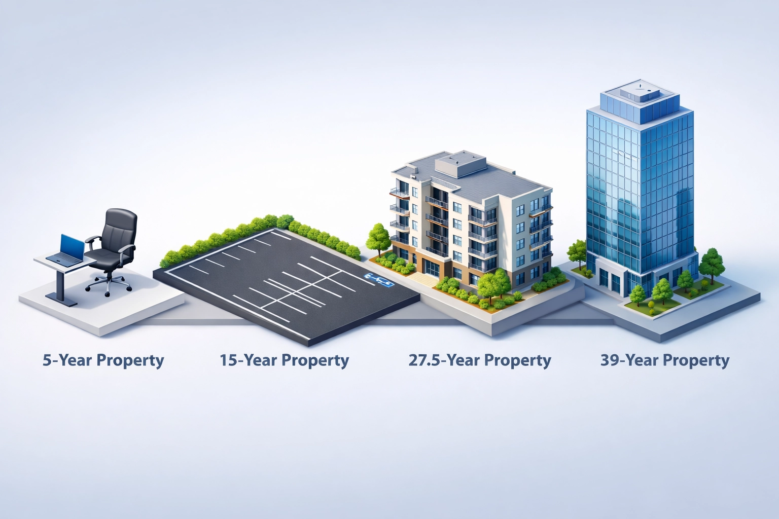 Property depreciation timeline showing 5-year, 15-year, 27.5-year and 39-year commercial assets