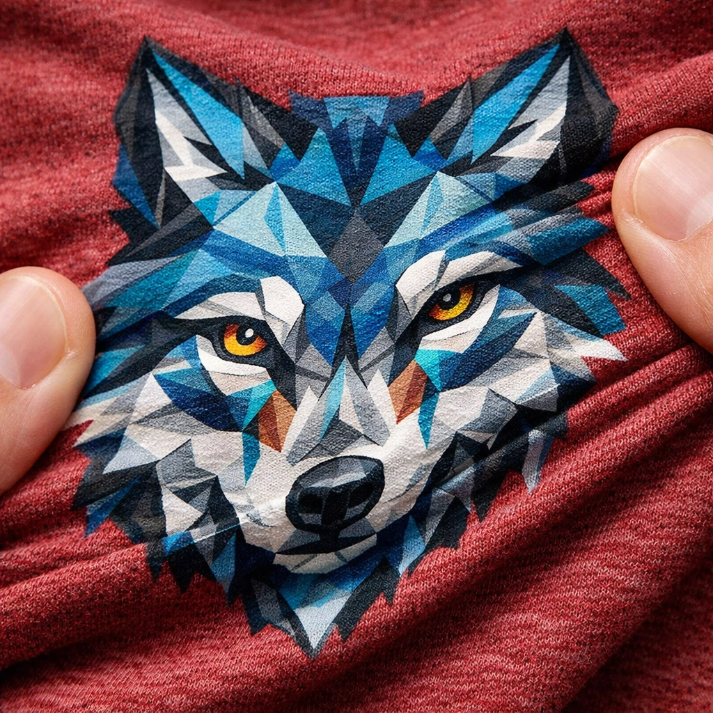 Flexible and durable geometric wolf print on fabric showing DTF print quality.