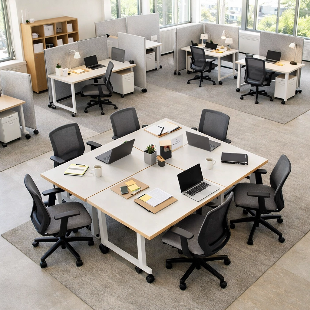 Modern office with modular furniture and reconfigurable workstations for flexible collaboration