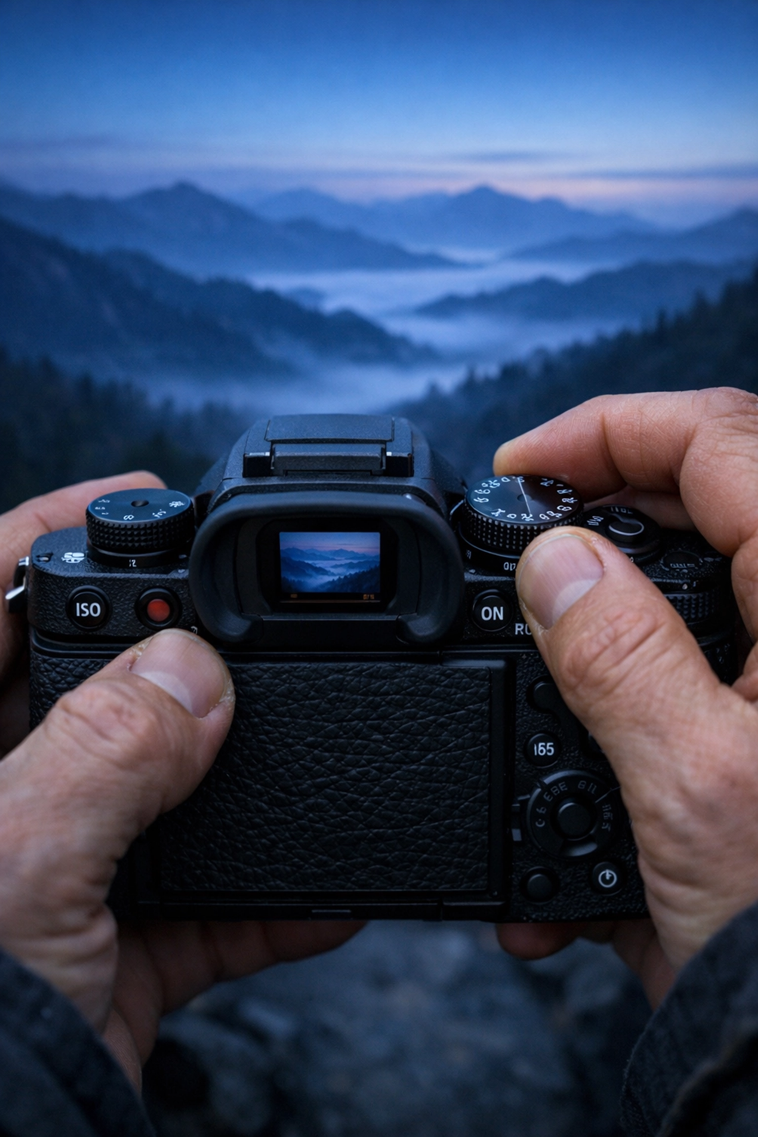 A photographer adjusting camera dials to master manual mode settings for outdoor photography.