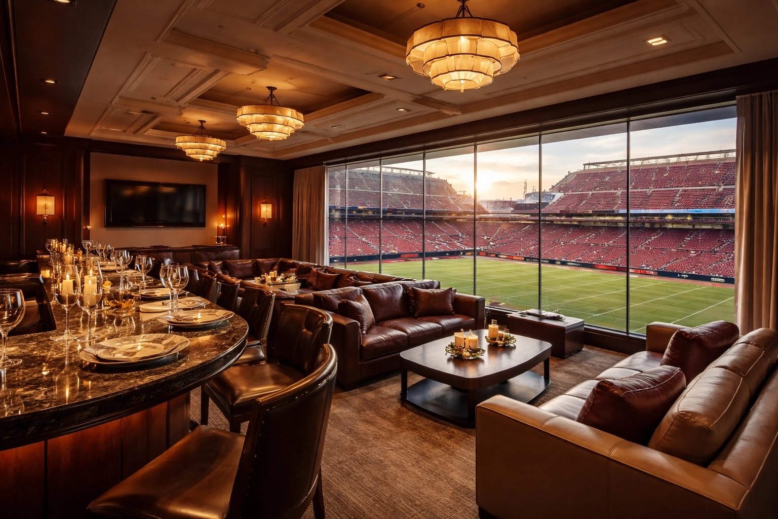 Luxury stadium suite with plush seating and panoramic field views, showcasing premium fan experience solutions.
